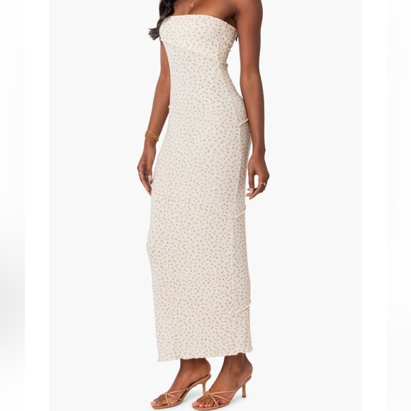 Edikted Lynn Strapless Romantic Floral Rib Knit Cream Maxi Dress, XS - Picture 6 of 15